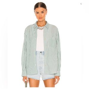 REVOLVE Pistola Millie Long Sleeve Green Striped Cotton Button Up Shirt